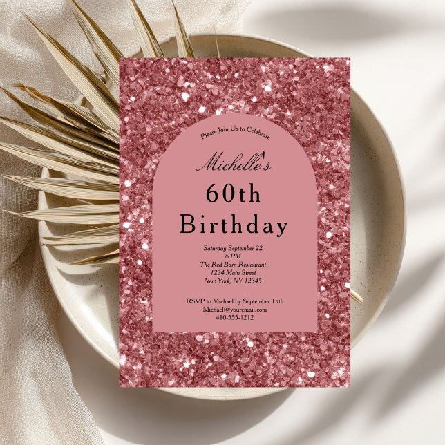 Convites Glitter Glitter Glam Bling 60º Aniversário, cor-de (Rose Gold Pink Glitter 60th Birthday invitation for her. Glam Bling Sparkle. Printed or Digital)