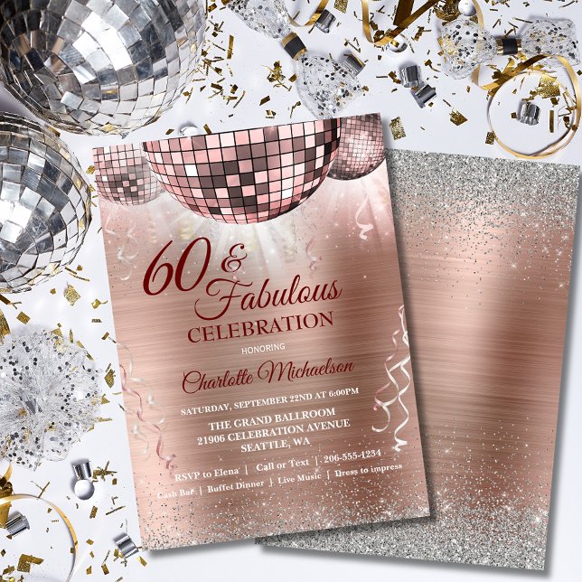 Convites Glitter Glitter Glitter Glitter 60th Birthday Disc (Rose Gold Glitter Glam 60th Birthday Disco Ball Invitation)
