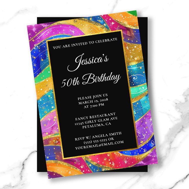 Convites Glitter Glitter Glitter Rainbow 50º aniversário (Sparkly Gold Glitter Rainbow 50th Birthday Invitation)