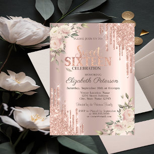 Convites Glitter Glitter Rosa Floral Dourado Floral Sweet 1