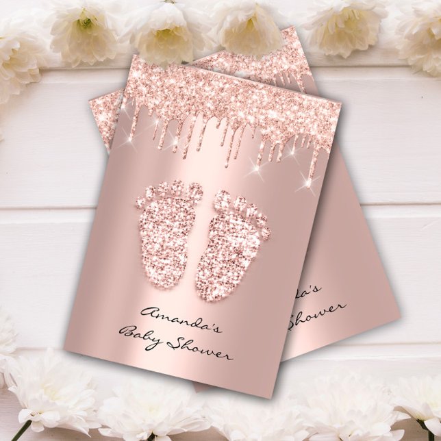 Convites Glitter Gota Rosa Dourada Pés De Chá De Bebê (Glitter Drips Rose Gold Baby Girl Shower Feet Invitation)