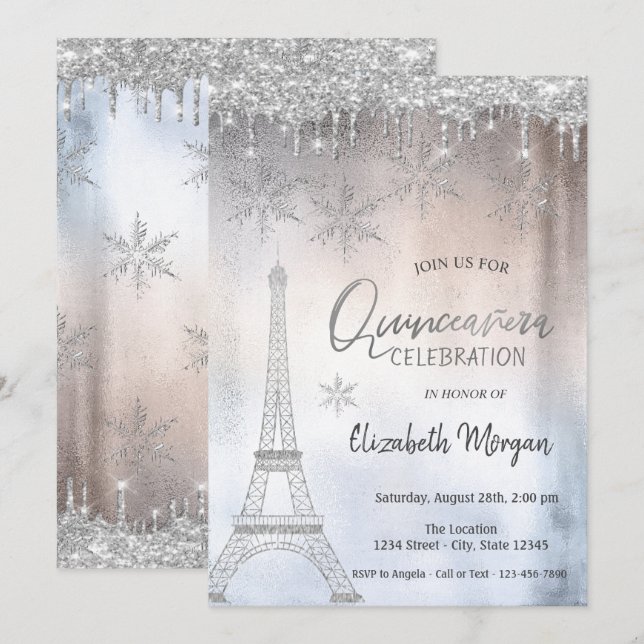 Convites Glitter Gota Torre Eiffel Flocos de Neve Quinceañe (Frente/Verso)