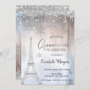 Convites Glitter Gota Torre Eiffel Flocos de Neve Quinceañe