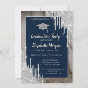 Convites Glitter GradCap, Gotejamento Prata, Azul Marinho M