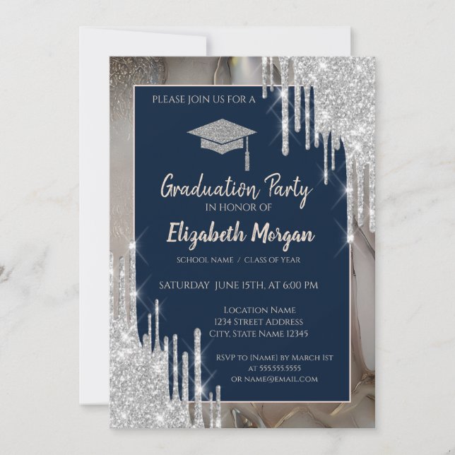 Convites Glitter GradCap,Silver Drips,Marble Navy Blue (Frente)