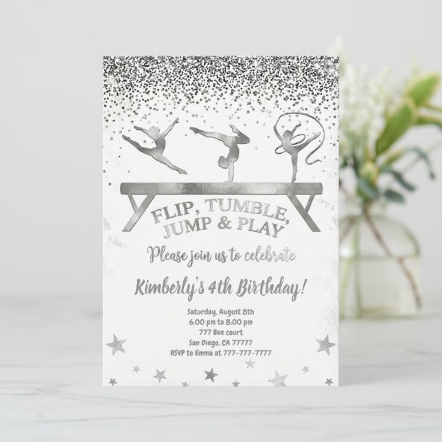 Convites Glitter Gymnastic Kids Birthday Invitation (Em pé/Frente)