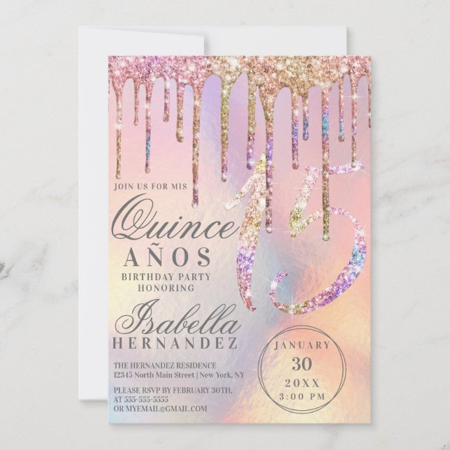 Convites Glitter Holográfico Arco-Íris Quinceañera (Frente)