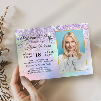 Convites Glitter Holographic Dourado Retirement Party