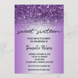 Convites Glitter Lavanda Roxo Confetti Sparkle Sweet 16