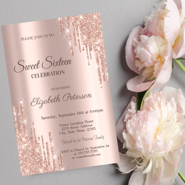 Convites Glitter Legal moderno Rosa Dourado Sweet 16 (Criador carregado)