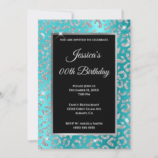 Convites Glitter Leopardo Prateado Azul Turquesa Aniversári (Frente)
