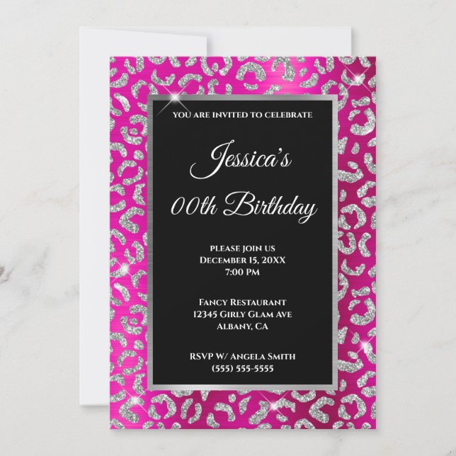Convites Glitter Leopardo Prateado Bolo Aniversário Rosa Qu (Frente)