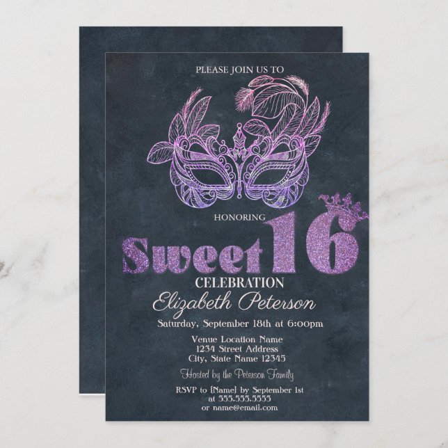 Convites Glitter Masque Violet Sweet 16 (Frente/Verso)