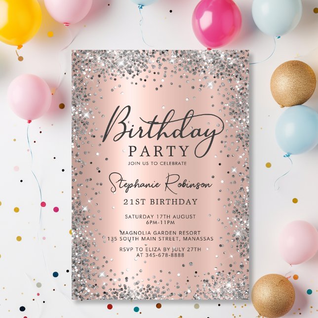 Convites Glitter moderno de prata e aniversário de 21 anos  (Criador carregado)