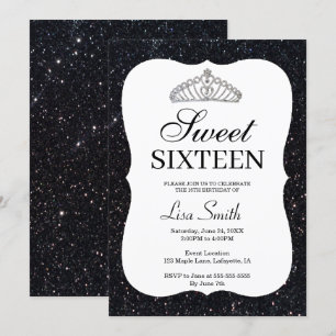Convites Glitter Negro-Chic Elegante Tiara Sweet 16