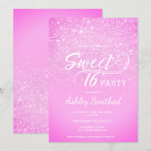 Convites Glitter ombre glam rosa moderno Sweet 16