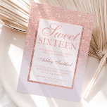 Convites Glitter ombre lilac glitter, rosa, Faux Sweet 16<br><div class="desc">Um moderno,  bonito e elegante chá-ouro-glitter rosa com bloco de cor lilás roxo convite de aniversário Sweet 16 com padrão rosa-ouro-ombre com quadro lilás e elegante de ouro Perfeito para uma princesa Doce dezesseis,  perfeito para ela,  a moda que ama padrões modernos e glama</div>