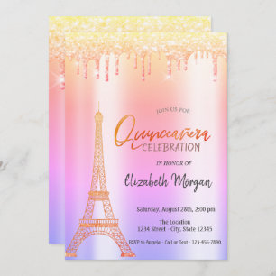 Convites Glitter Ombre, Torre Eiffel Quinceañera