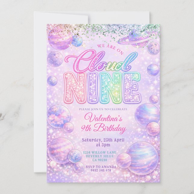 Convites Glitter Pastel Rainbow Space Birthday Party (Frente)