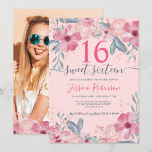 Convites Glitter Pink Flor Watercolor Script Sweet 16