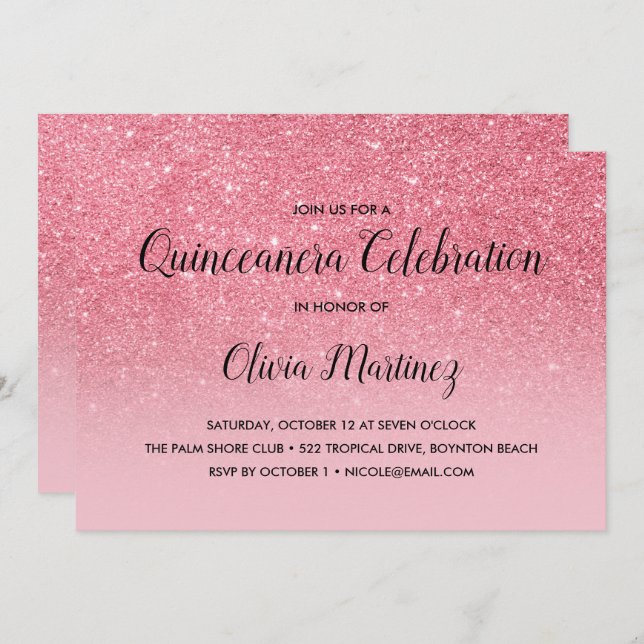 Convites Glitter Pink Ombre Quinceañera (Frente/Verso)