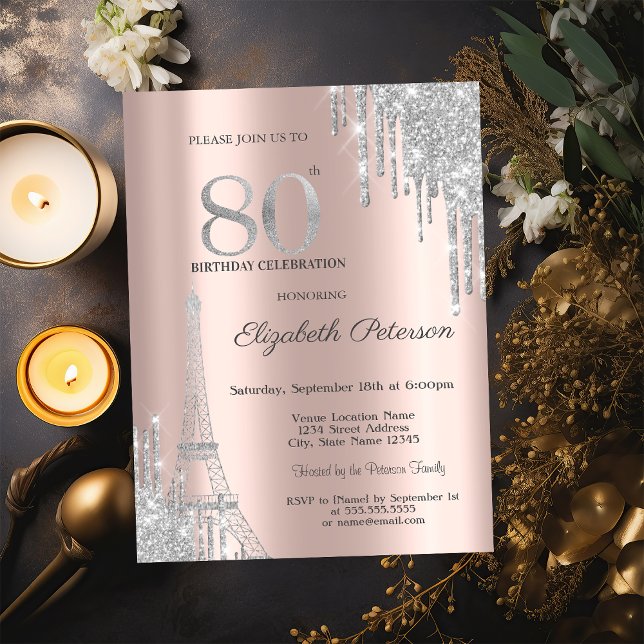 Convites Glitter prateado, 80 de torre Eiffel Aniversário (Criador carregado)