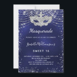 Convites Glitter prateado azul marinho mascarada Doce 16<br><div class="desc">Para um Mascarada elegante,  16,  16 anos. Um fundo azul-marinho de tendência,  a cor azul é irregular. Decorado com pó falso prateado brilhante e uma máscara de mascarada. Personalize e adicione um nome,  idade e detalhes da festa. O nome é escrito com um script de estilo manuscrito</div>