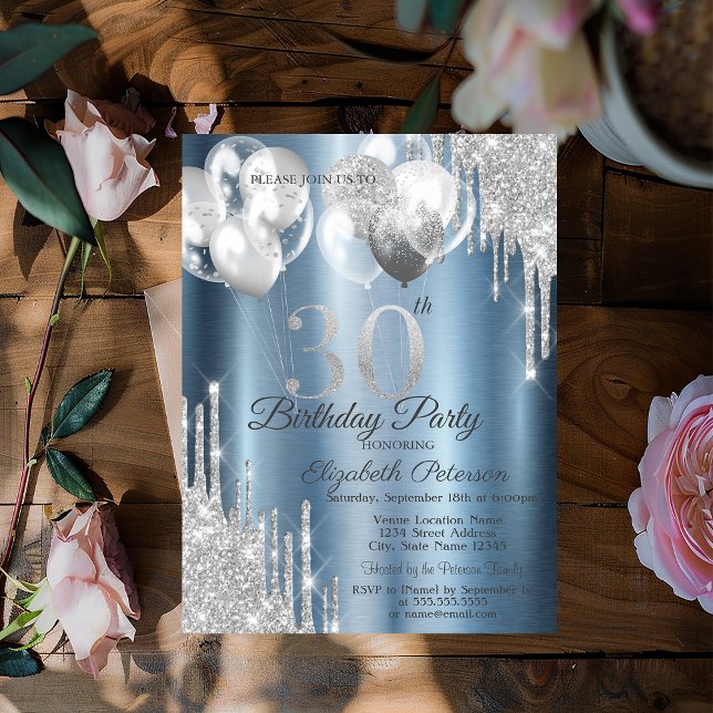 Convites Glitter prateado Balões 30 metálico azul (Criador carregado)
