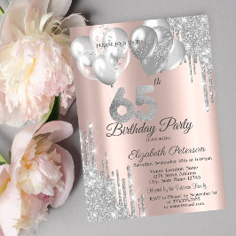 Convites Glitter prateado balões 65. º aniversário