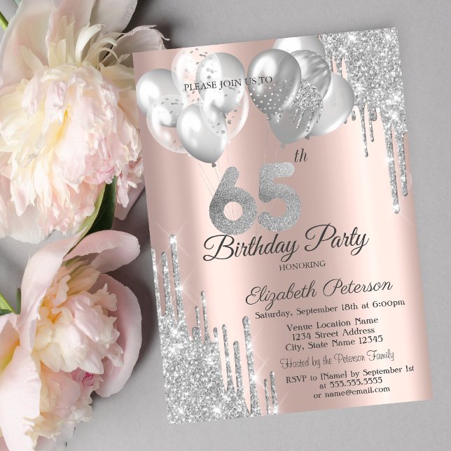 Convites Glitter prateado balões 65. º aniversário (Criador carregado)