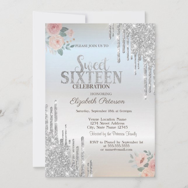 Convites Glitter prateado Boho Rosas Silver Sweet 16 (Frente)