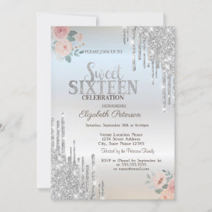 Convites Glitter prateado Boho Rosas Silver Sweet 16