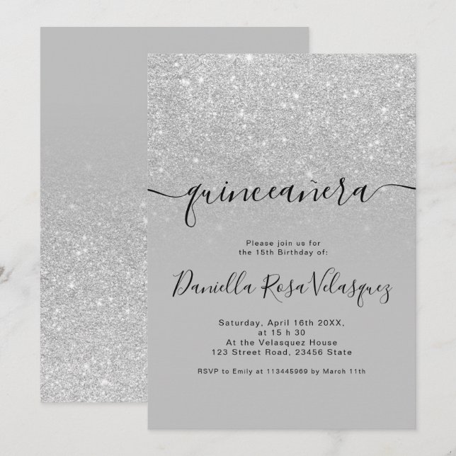 Convites Glitter prateado brilha cinza ombre quinceanera (Frente/Verso)