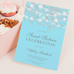 Convites Glitter prateado brilha gelo doce doce dezesseis<br><div class="desc">Um chá moderno,  bonito e elegante prata brilhante confetti e luzes brancas de cordas com bloco de cor azul de gelo convite de aniversário Sweet 16 .</div>
