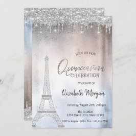Convites Glitter Prateado Cai na Torre Eiffel Quinceanera