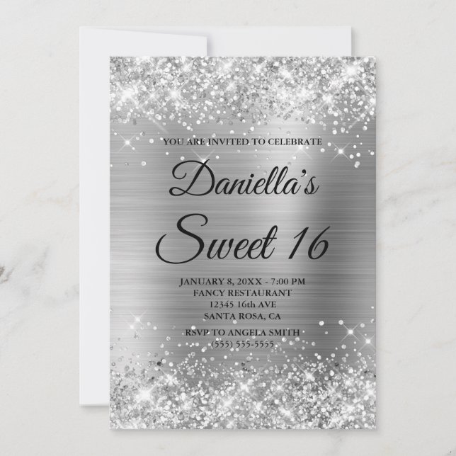 Convites Glitter prateado cintilante e foil Sweet 16 (Frente)