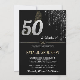 Convites Glitter prateado com pinos pretos elegantes 50º