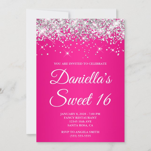 Convites Glitter prateado, cor-de-rosa quente Sweet 16 (Frente)