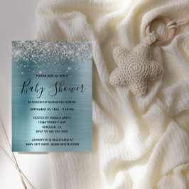 Convites Glitter prateado e Chá de fraldas de folha azul