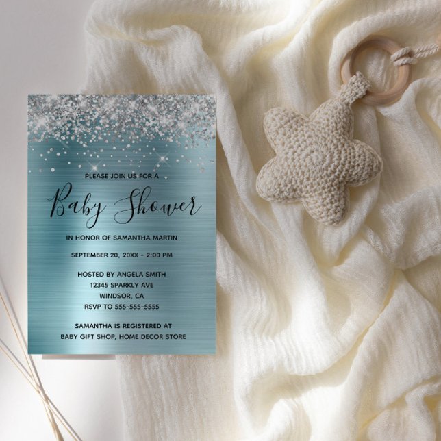 Convites Glitter prateado e Chá de fraldas de folha azul (Silver Glitter Light Blue Glam Baby Shower Invite)