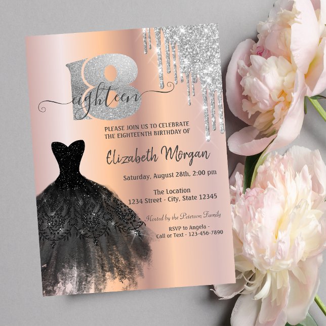 Convites Glitter prateado goteja preto 18º aniversário (Criador carregado)