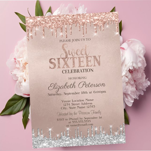 Convites Glitter prateado legal Rosa Sweet 16 (Criador carregado)