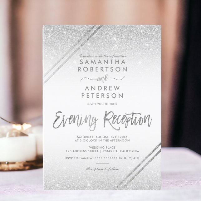 Convites Glitter prateado listras elegante guião casamento (Silver glitter stripes elegant script wedding invitation)