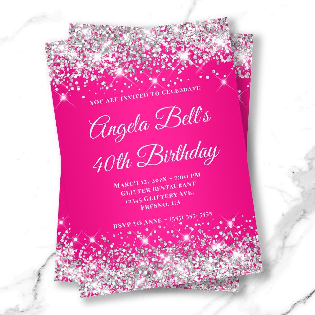 Convites Glitter Prateado Monograma Rosa Quarenta Aniversár (Silver Glitter Hot Pink Monogram 40th Birthday Invitation)