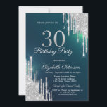 Convites Glitter prateado pega aniversário de 30 anos verde<br><div class="desc">Um moderno,  chique e glamouroso com brilho prateado pinga sobre um fundo verde.</div>