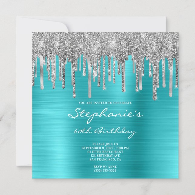 Convites Glitter prateado pingos de turquesa azul 60.o aniv (Frente)