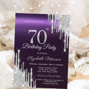 Convites Glitter prateado púrpura escura 70 Aniversário