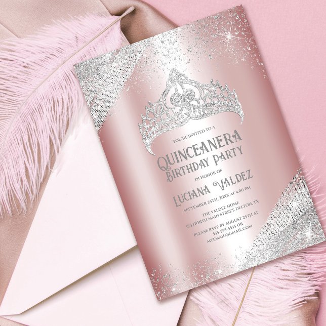 Convites Glitter prateado rosa Princesa Tiara Quinceañera (Criador carregado)