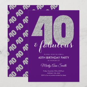 Convites Glitter Prateado Roxo 40 e Festa de aniversário F