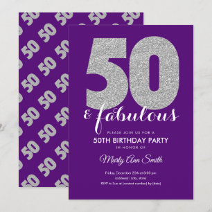 Convites Glitter Prateado Roxo 50 e Festa de aniversário F